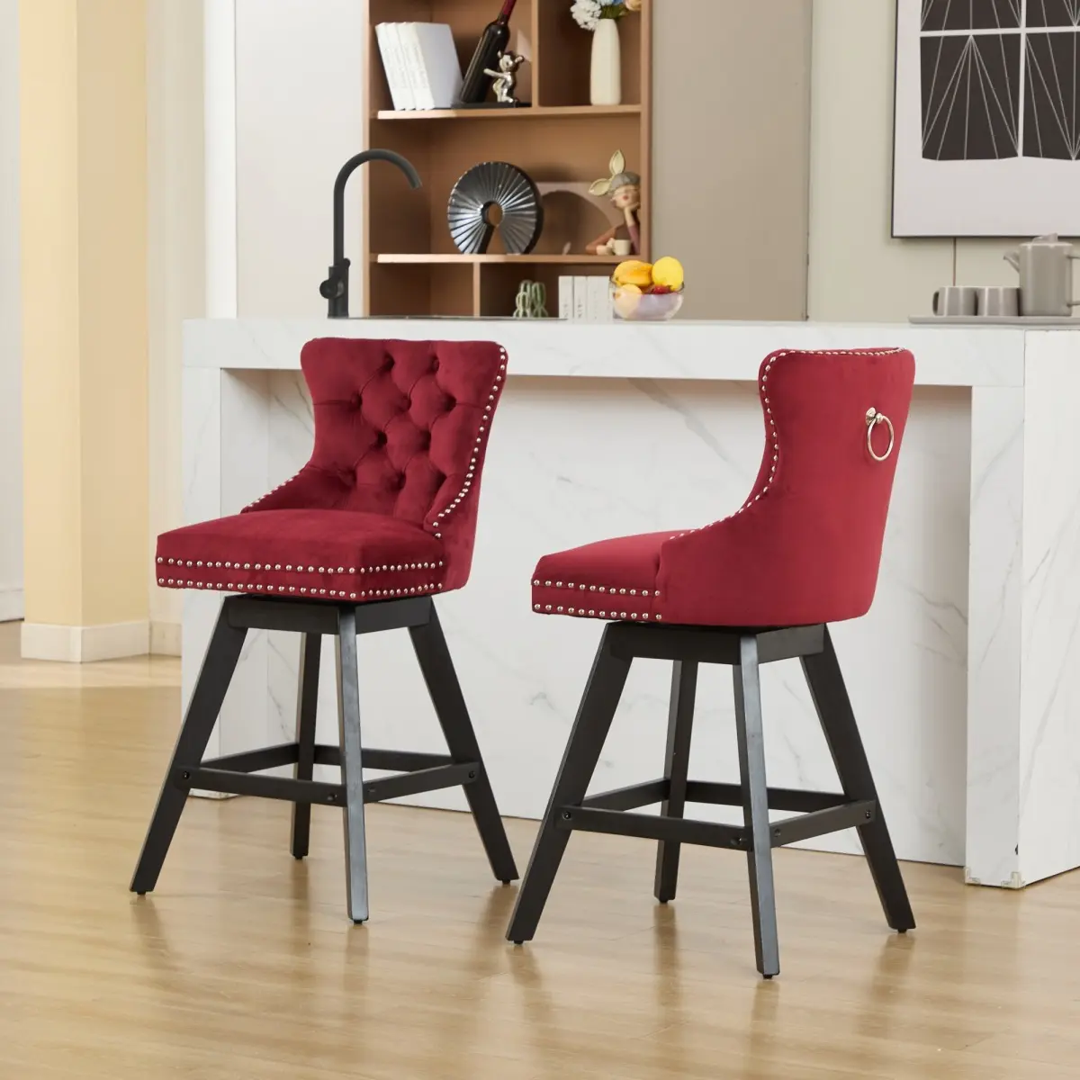 Wine Red Velvet Swivel Barstools (Set of 2, 22.00 lbs) - Button Tufted, Wooden Legs, Chrome Nailhead Trim, Memory Foam, Stable, Sturdy, Ergonomic, for Bar Decor, Man Cave Ideas, Sports Bar, SW1860WR, Swivel Chairs, Parties