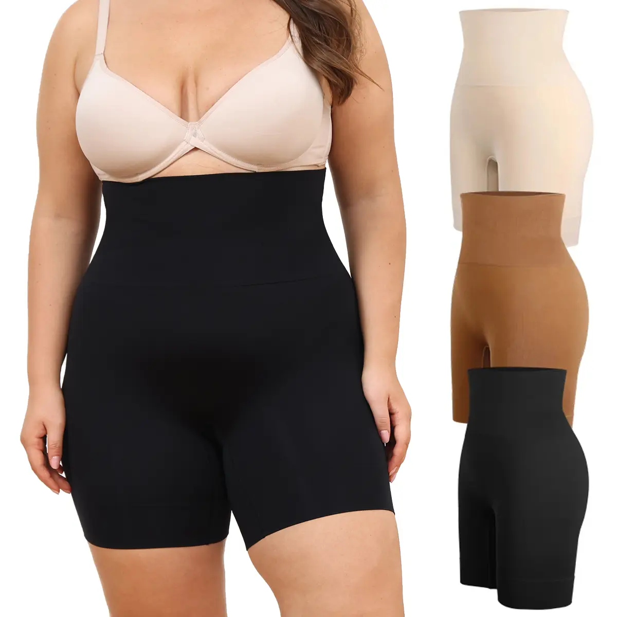 Women's Plus Size High Waist Compression Shapewear Shorts - Abdominal Compression, Belly Firming, Body Contouring, Elastane Fabric, Casual Comfort, All-Season (Up to 3XL) High Waist Shaperwear Belly Firming Leg Shaping Shorts