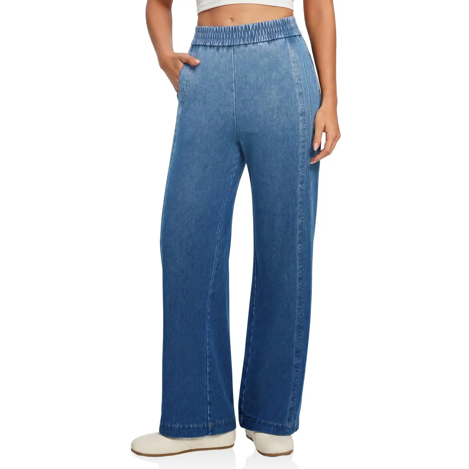 Cicy Bell Womens Stretchy Wide Leg Jeans Denim Pull On Knit Pants | Elastic High Waisted, Trendy Casual, Loose Fit, Vintage, Baggy Jeans with Pockets, Summer, Fall Clothes