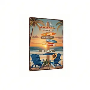 Tropical Beach Metal Sign – 8x12 Inch Retro Wall Decor With Surfboards And Pa 1lm Trees – Vintage Tin Sign For Patio, Porch, Bar, Or Coastal Bathroom