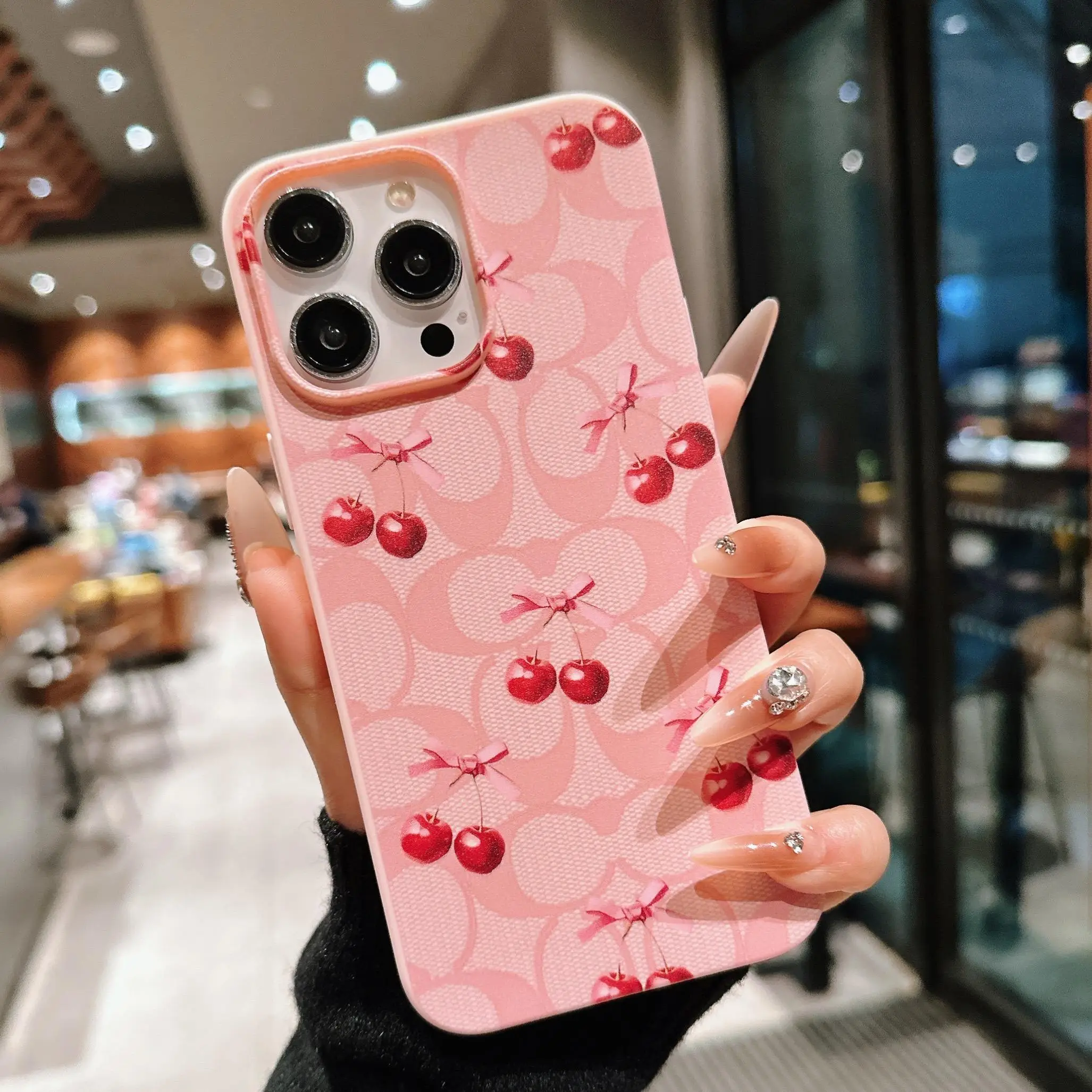 Cherry & Bowknot Pattern Phone Case, Cute Anti-drop Cellphone Protective Case, Shockproof Mobile Phone Cover for iPhone 11 12 13 14 15 16 Pro Max, Pro