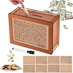 Money Saving Box,Cash Vault Wooden Savings Box 10000 Dollar,Piggy Bank for Adult Child Savings Goals Crush Box Savings Jar with Money Target and Numbers Decor Ornaments Tin