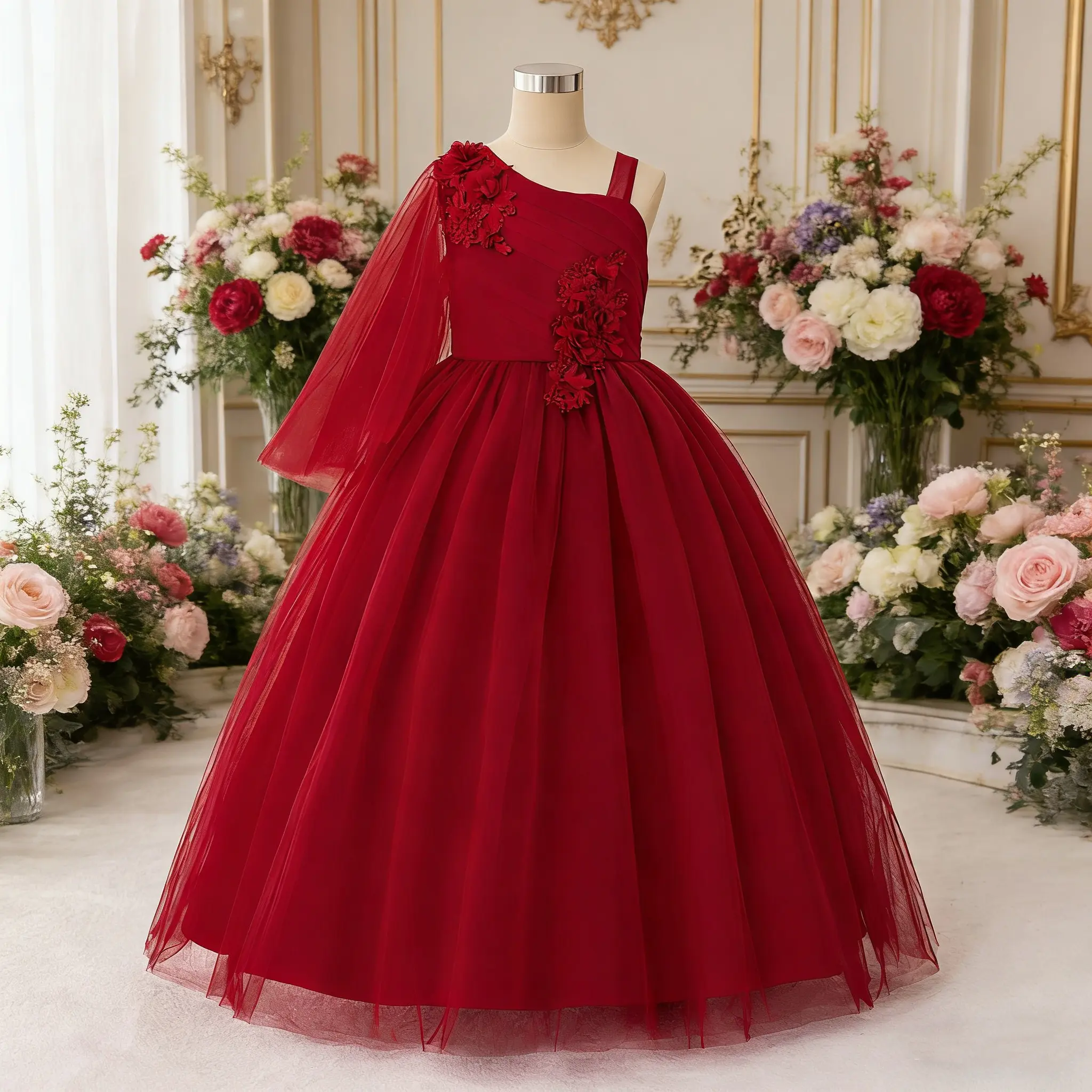 0053 Teen Girls Luxury Mesh Contrast A-Line Dress Formal Party Birthday Party Performance Gown Valentine's Day Teen Girl Elegant Dress Formal