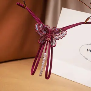 Pearl Panties Women Sexy Sequin Embroidery Massage Erotic Transparent Mesh Low Waist Thong 2242 Lace Lingerie