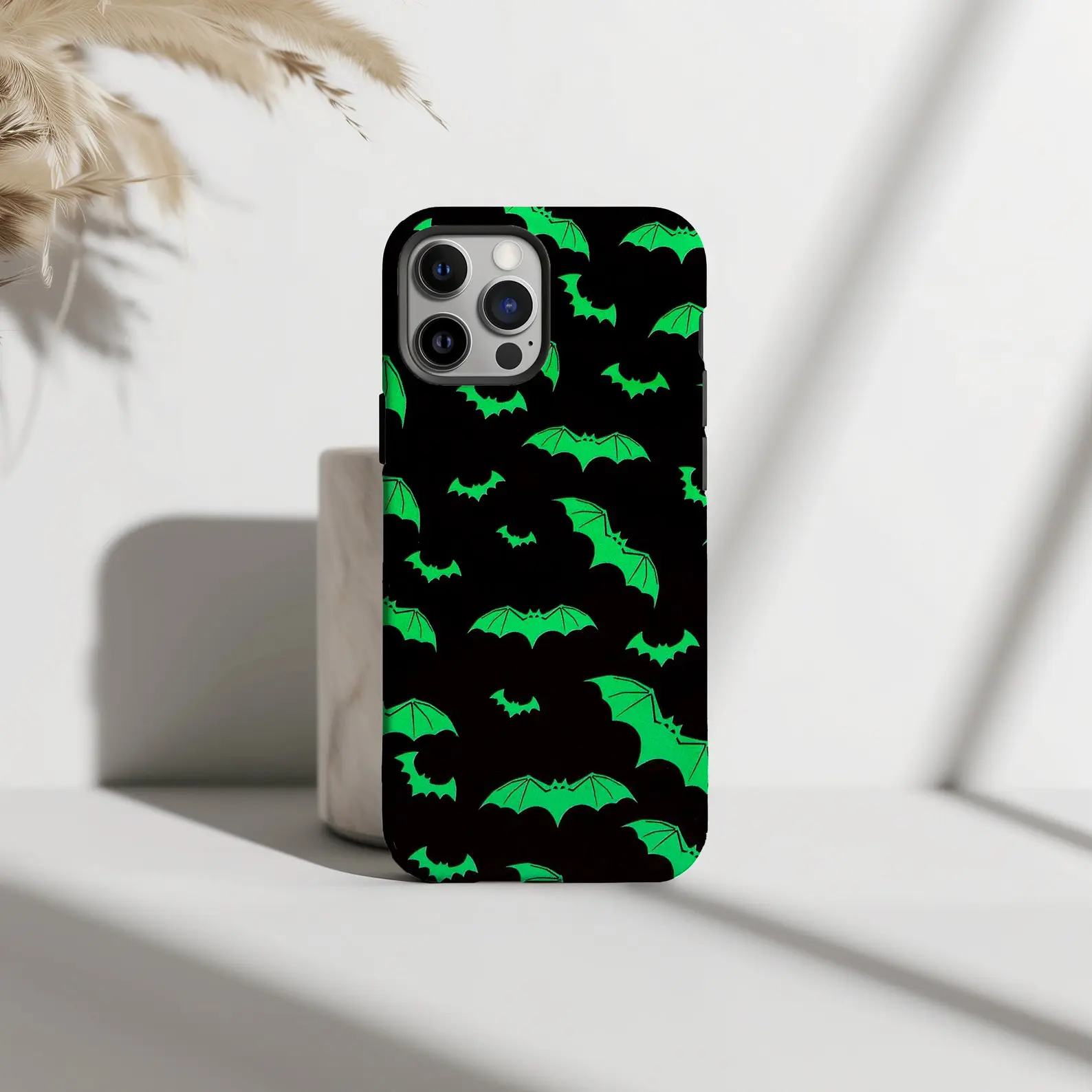 Spooky Neon Green Bats Phone Case, Whimsical Midnight Halloween Aesthetic Cover, Dark Pattern Phonecase for iPhone 11 12 13 14 15 16 17 & Samsung S21-S25 Series