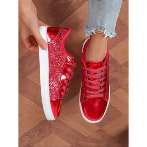 Women's Fashionable Glitter Low Top Sneakers, Casual Comfortable Breathable Sports Shoes, Female All-match Round Toe Lace Up Shoes for Daily Wear