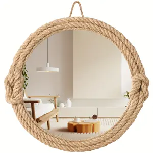 1pc Bohemian Retro Mirror - Circular Nautical Hemp Rope Frame Wall Decor, Polished Glass Bathroom & Living Room Mirror, No Electricity Needed, Coastal Boho Home Décor