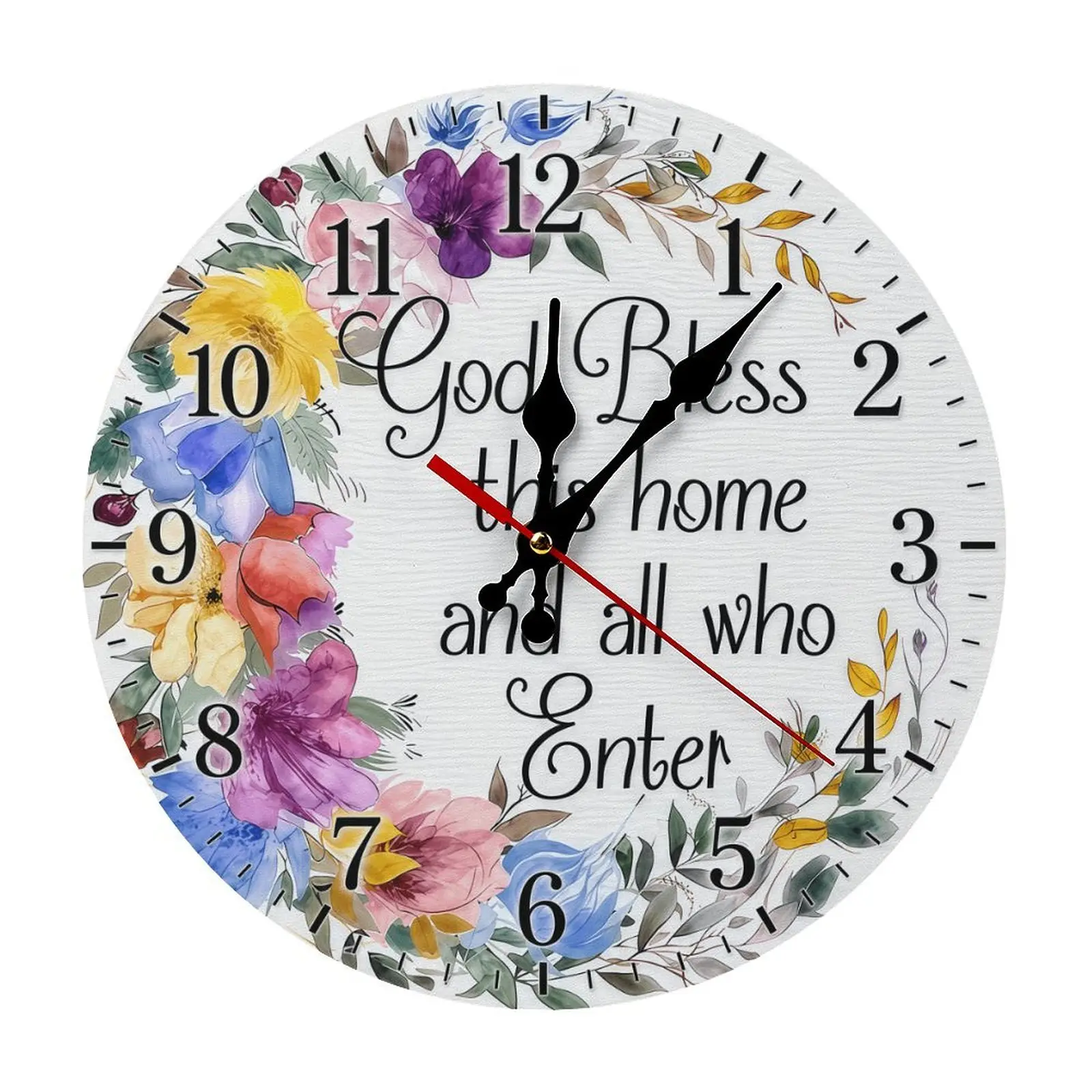 10/12 in Wooden Round Modern Wall Clock Decorative, DIY Assembly Required, Silent Wooden Clock, Christian Flower Design with "God Bless This Home And All Who Enter", Non-Rechargeable Room Decor, New Homeowner Gift (Battery Not Included), Analog Clock