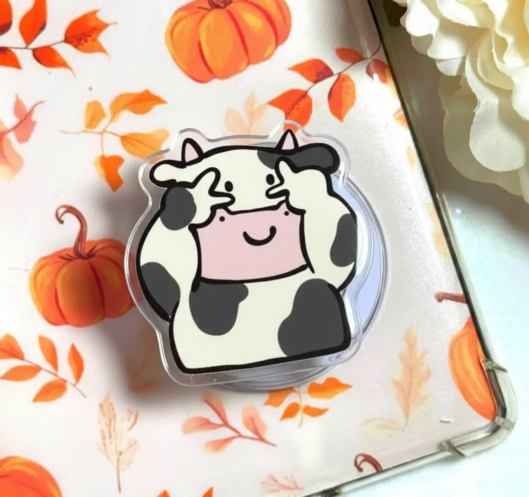 Cute Cow Phone Grip - Kawaii Animal Acrylic Grip Stand - Aesthetic Phone & Kindle Holder Accessory