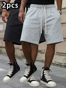 2PCS men's shorts, suitable for spring and summer wear. Solid color casual shorts, light and comfortable, with drawstring belts for easy adjustment, suitable as couple gifts