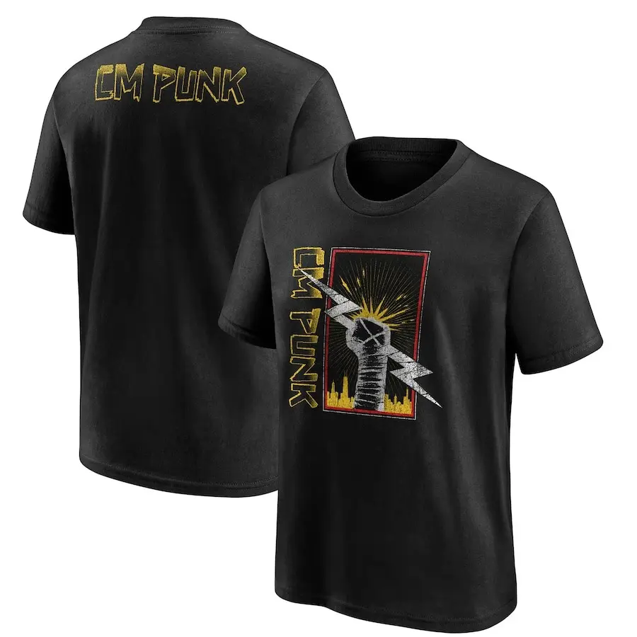 WWE CM Punk Chicago Fist 2-Sided T-Shirt, Black Wrestling Graphic Tee, Retro Fan Shirt, Casual Menswear Top, Men's Summer Clothes, 90s Clothes, Graphic Tees, Round Neck, Shortsleeve