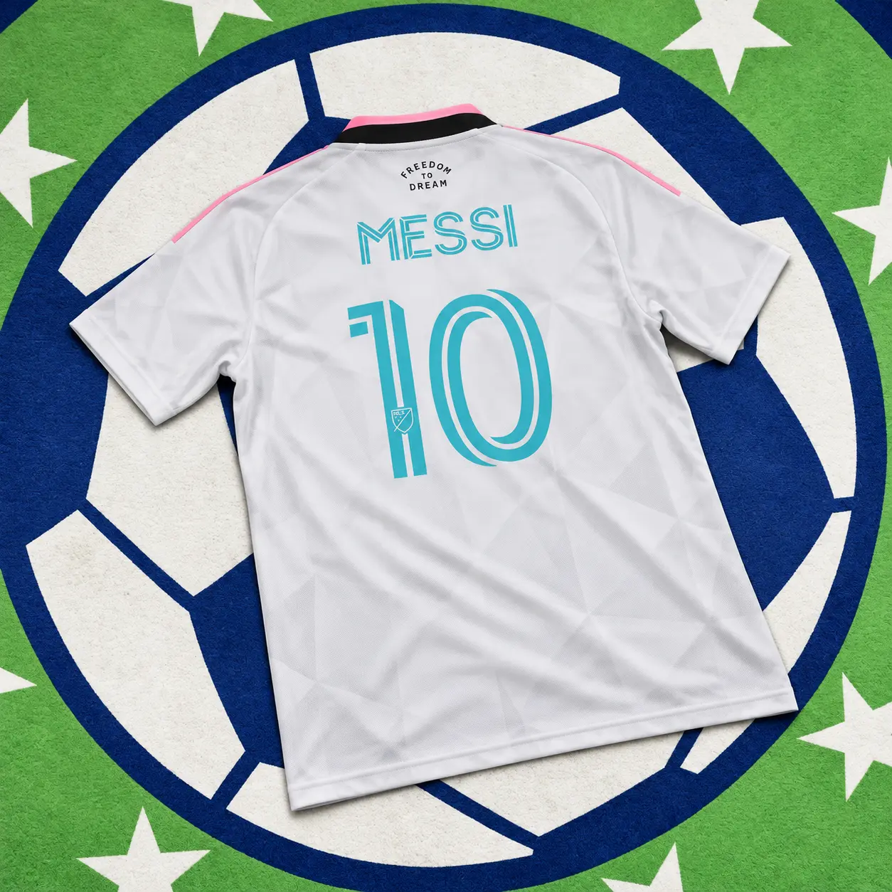 Messi #10 Soccer Jersey – White with Turquoise Lettering and Pink Collar Details, Short Sleeve Soccer Fan Shirt for Game Day and Casual Wear