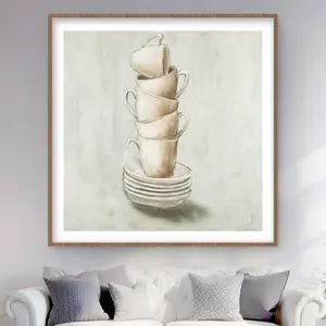 Begin Home Decor C1FM4848CYJMCO 48 x 48 in. Stacked Cups - Beige Kitchen Framed Matted Print Wall Art for Decor