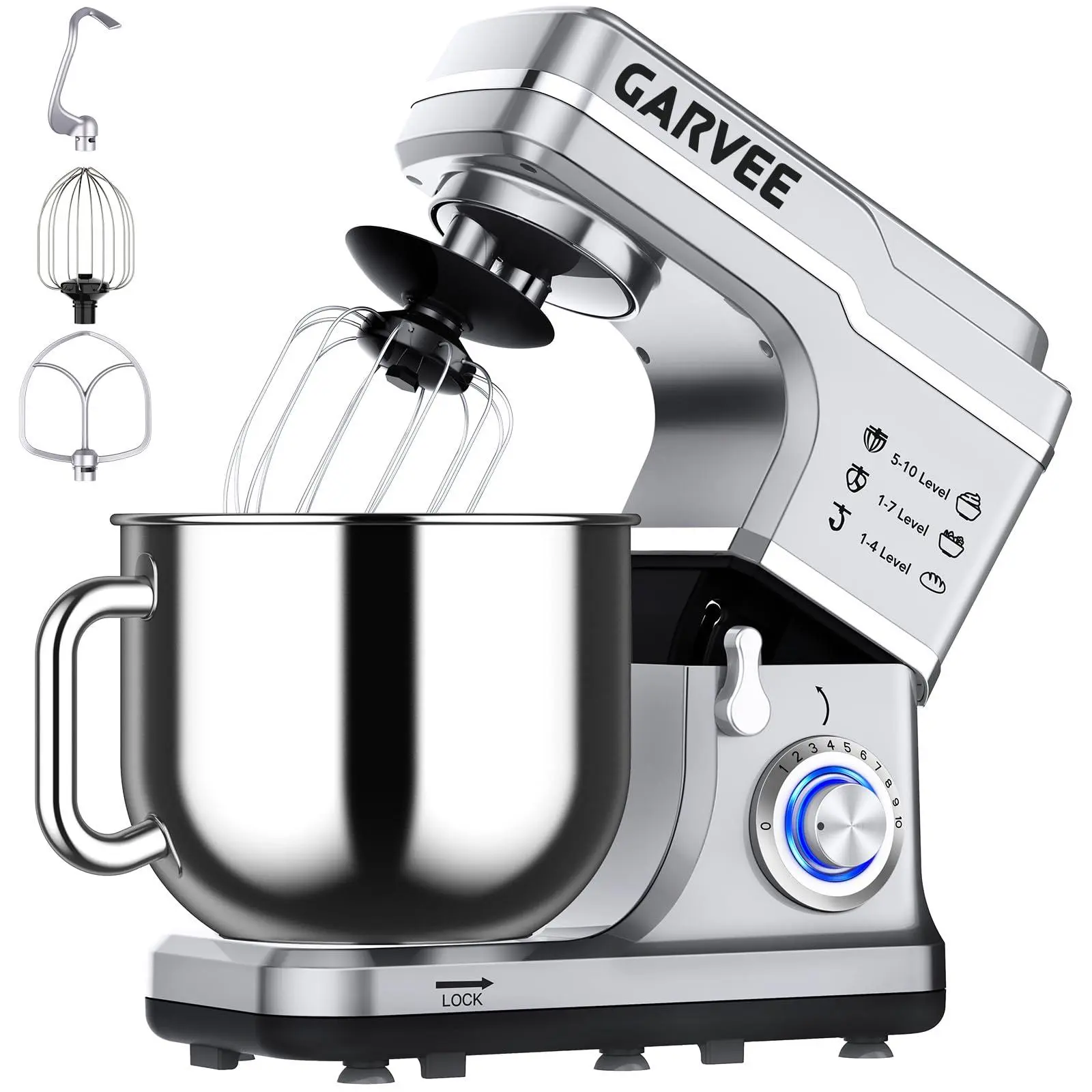 Stand Mixer, 7.5 Qt Stand Food Mixer 10 Speeds, Tilt-Head 3-IN-1 Kitchen Electric Mixer with Stainless Steel Bowl, Whisk, Dough Hook, Flat Beater, Countertop Household Stand Mixer,Silver