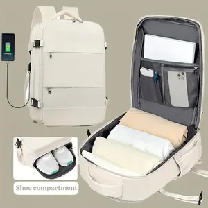 1pc Versatile Beige Travel Backpack with USB Charging Port - Waterproof Nylon, Multi-Compartment, Portable Outdoor Luggage Organizer for All, 16-Inch, Backpack for Travel