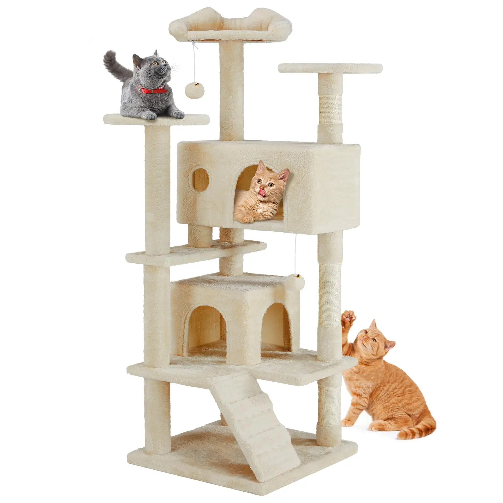 Sweetcrispy 54in Tall Cat Tree Tower for Indoor Cats - Space-Saver Vertical Scratcher with Anti-Tilt Base, Natural Sisal for Claws, Multi-Level Play Area, Stable Pet Furniture, Large Condo, Climbing Ladder, Plush Toy