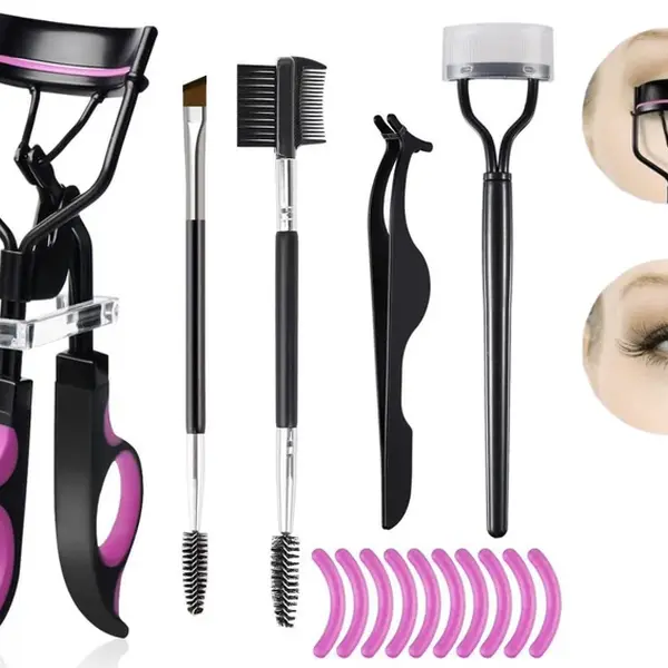 Professional Beauty Eyelash Curler Set - Curling Lashes Tool with No-Pinch Design, Silicone Pads, Steel Comb, Tweezers, Spoolie, Compact Lightweight Pack, Fits Most Eyes for Home/Salon Daily Makeup Use (Ideal for Christmas, Birthday Gifting)