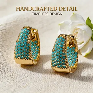 Female Blue Turquoise Drop Clip Earrings with Colorful Round Zircons, Light Luxury Elegant Ornaments, 2026 Mother's Day & Graduation Gifts