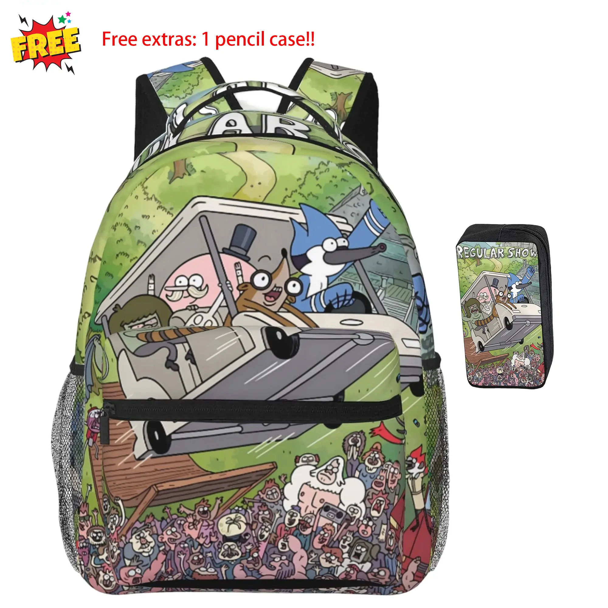 Lightweight Regular Show Backpack Iconic Regular Show Cartoon Print 17 Inch Laptop Travel Casual Daypack, Cartoon Backpack With Pencil Case Ideal Birthday Anniversary Party Gifts for Regular Show Fans