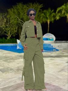 two-piece set women's solid button front crop jacket & pocket cargo pants, casual fashion cozy outfits for daily outdoor wear, ladies clothes for all seasons,  matching sets