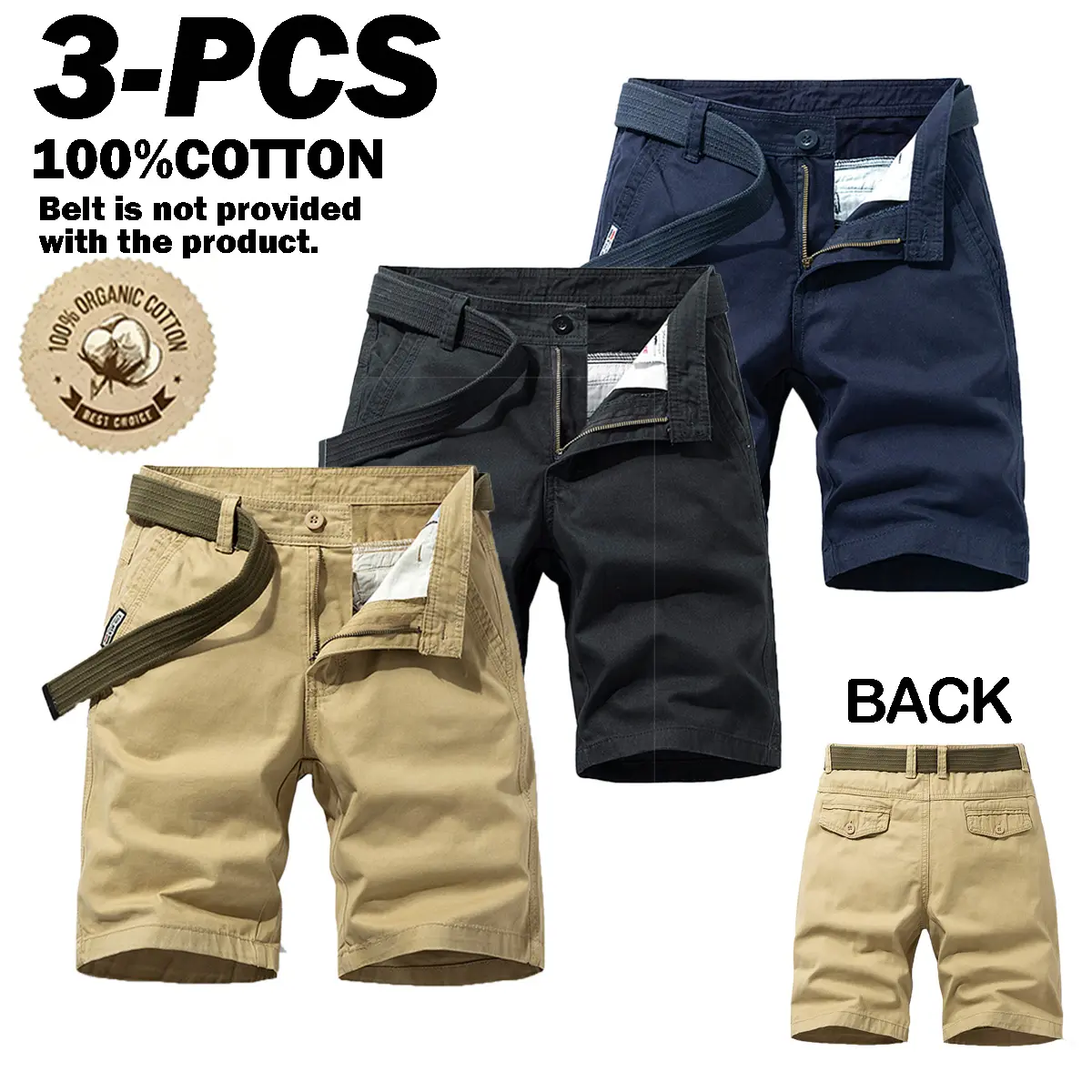 3PCS Men Vintage Cotton Cargo Shorts Mid Waist Straight Knee Chino Bottoms Loose Fit Soft Breath Summer Multi Pocket Casual Pants Outdoor Hiking Walking Daily Travel Trendy Male Streetwear Light Solid Color Daily Holiday Weekend Daily Casual Walking