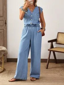 Women's Casual Fashion V-Neck Button Up Denim Jumpsuit