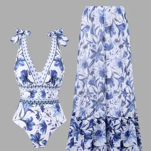 Women's V Neck Blue/Red/Purple/Green Print One-Piece Swimsuit and Matching Cover Skirt Set Summer Swimdress Swimming  Bathing Suit Stylish,Swimsuit Bodysuit Tops Beach Skirt 2 Piece Swimsuit Outfits Style Standout Look