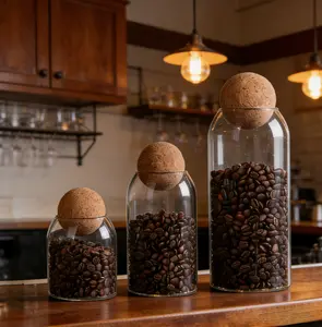 Glass Storage Jars with Cork Ball Lids - 3 Piece Set | Airtight Containers for Coffee, Tea & Modern Kitchen Decor