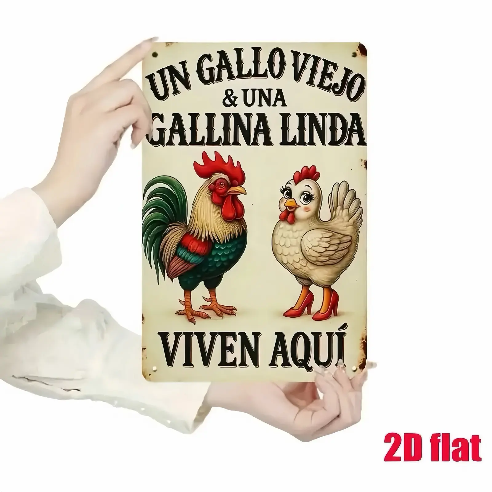 Vintage Spanish Rooster & Hen Metal Wall Art Sign - 8x12in Bird Animal Casual Home Decor Plaque, Easy-Hanging Farmhouse Kitchen/Cafe/Balcony Daily Decoration with Spanish Text, Rustic Tin Gift for Family, Rectangle, Antique Style Speciality Plaques & Sign