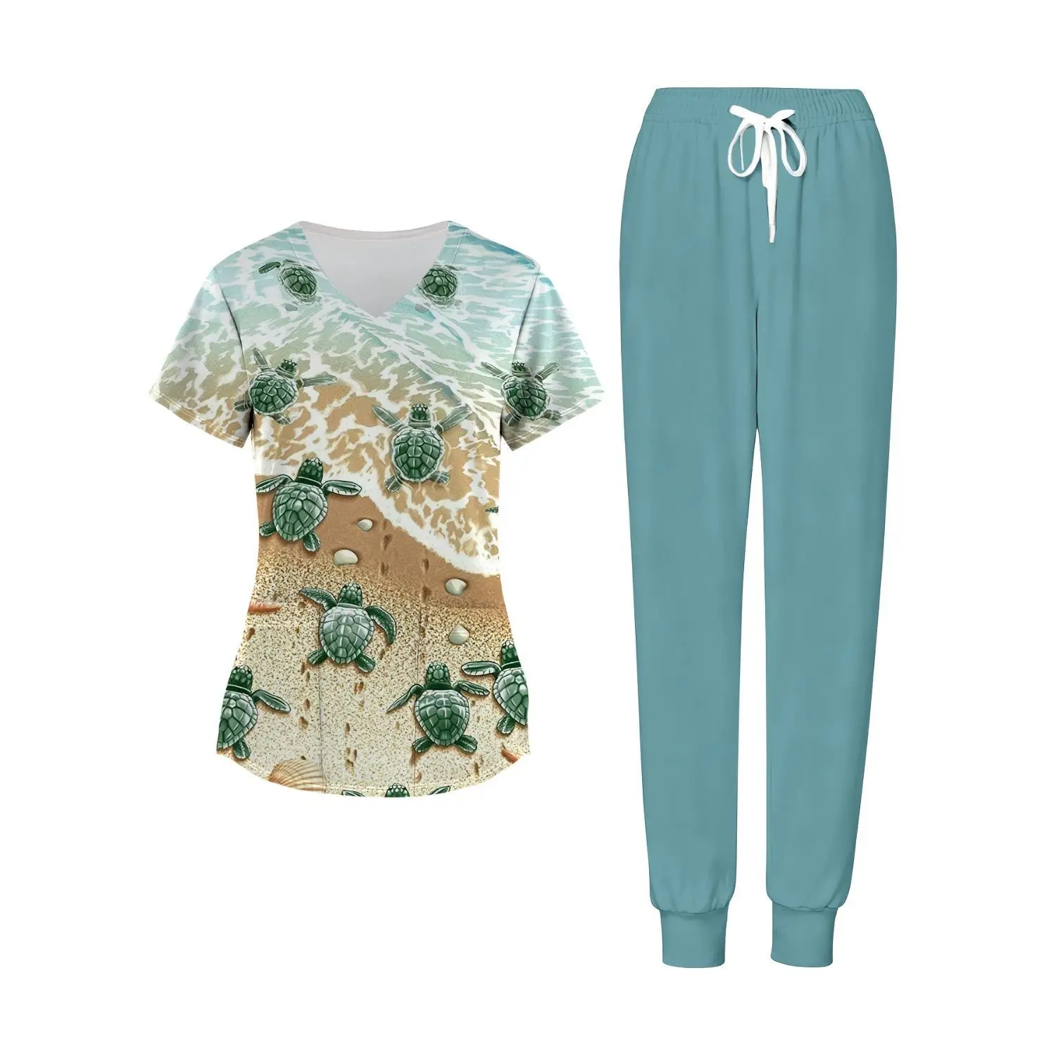 Sea Turtle Beach Print V-Neck Scrub Top and Pants with Pockets - Women's Nurse Uniform Set, Comfortable Breathable Spring Summer Casual Workwear Scrubs