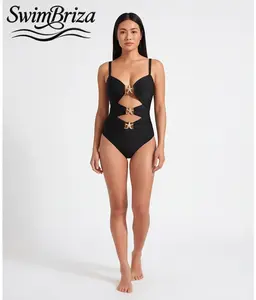 Briza｜Plus Size Swimwear Tummy Control One Piece Bathing Suit Cutout Push Up Monokini Solid Black Gold Starfish Buckles Fancy Vacation Swimwear Women Beach Summer, Women's Swimwear, Bathing Suit for Women, One Piece Swimsuit, Resort Cruise Beachwear