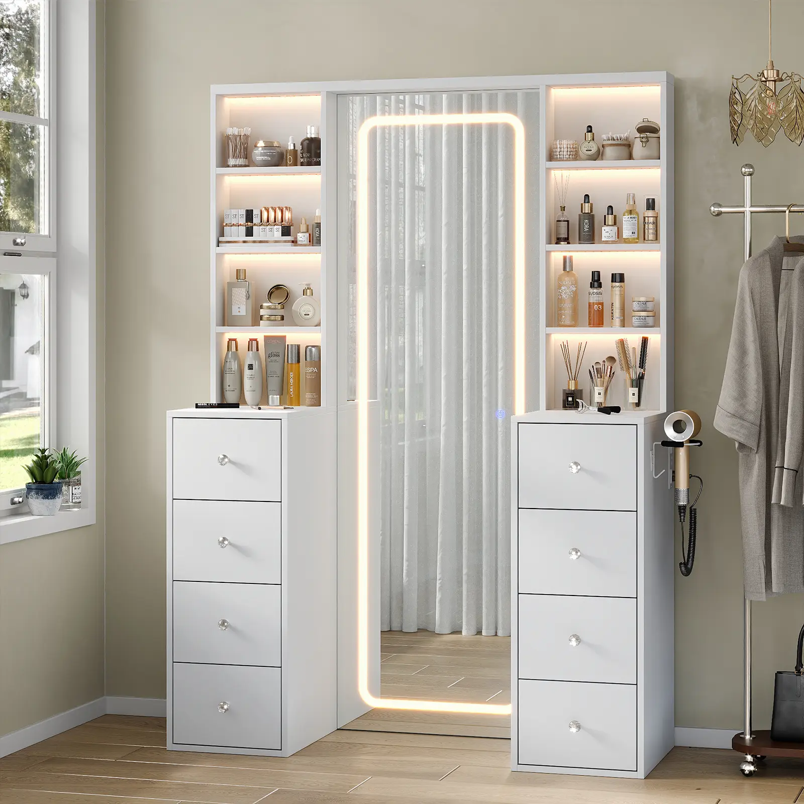 [Shipping By 2 Packages] FUSOU Vanity Desk with Full Length LED Mirror, Tall Makeup Vanity with Power Outlet, 3 Color Modes, Brightness Adjustable, 8 Drawers with Shelves Vanity Table for Bedroom, Back to School