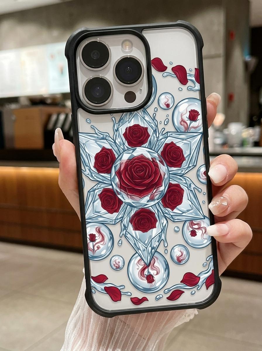 Advanced Ice Crystal Rose Phone Case Supports iPhone 12/13/14/15/16/17 Full Series Pro/ProMax/Plus Ice Blue Water Pattern Decoration, Four Corner Thickened Airbag Design Anti Drop Protection Phone Case
