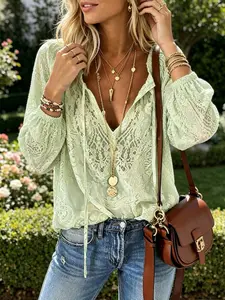 Casual Boho Lace Blouse for Women, Long Sleeve V-Neck Tie Neck Crochet Shirt for Summer Vacation