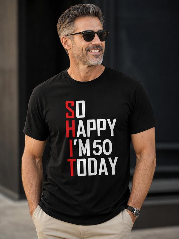 Men's Cotton Crew Neck Shortsleeve Fitted T-Shirt - Red, Festive 50th Birthday Bold Print Humorous Quote Graphics, All Seasons Y2000 Casual Streetwear, Cold Wash Menswear
