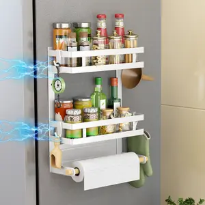 San Dream Strong Magnetic Spice Rack for Refrigerator Multipurpose Magnetic Shelf for Fridge with 4 Hooks for kitchen Storage Rack Organizer White