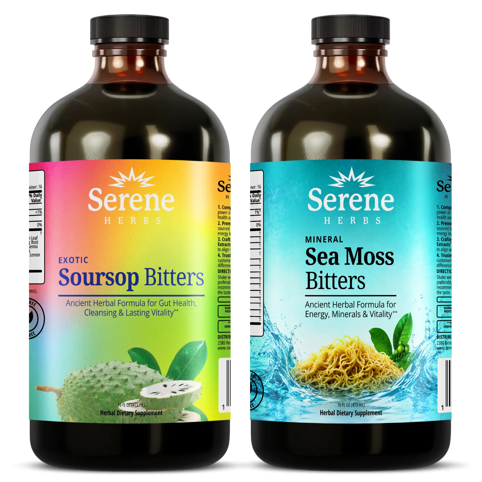 Serene Herbs Soursop & Sea Moss Bitters Bundle | Organic Herbal Detox for Digestive Health Immune Support & Energy | 14 Herb Mineral Blend with Ashwagandha & Bladderwrack for Energy, Mood & Vitality Support | Non-GMO, Vegan (32 fl oz, 16 fl oz Each)