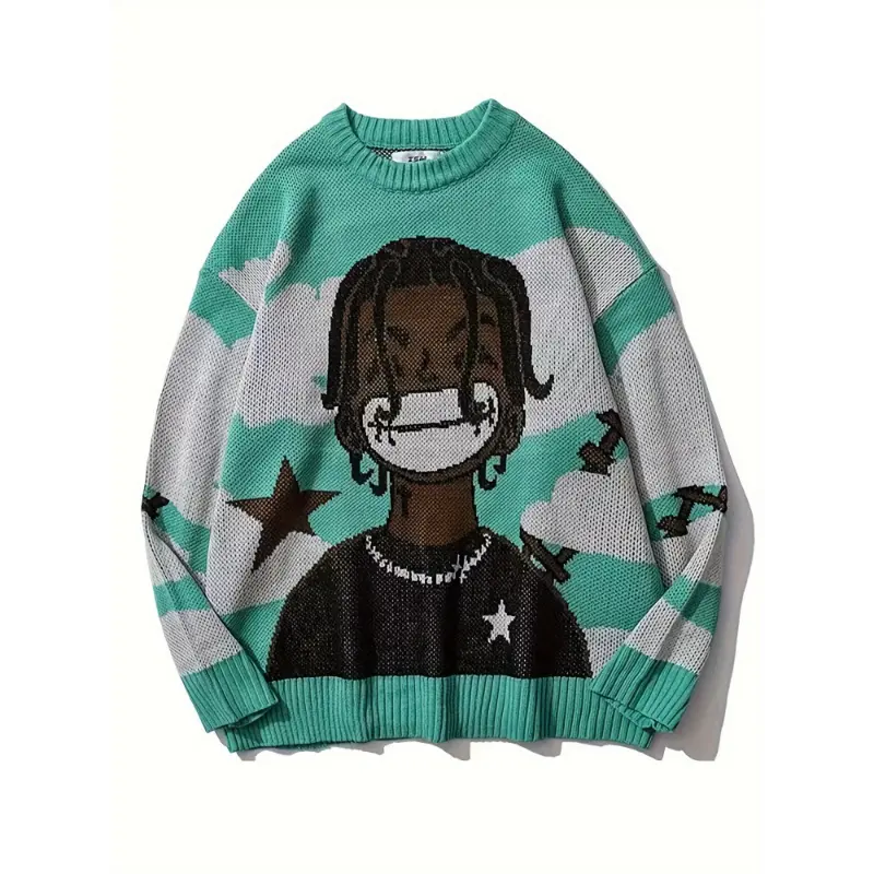 Cartoon Anime Knitted Sweater Men Winter Oversized Men's Rock Hip Hop Rap Pullover Women Jumper Ugly Sweater