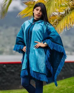 Teal Alpaca Poncho - Hooded Alpaca Poncho with a Traditional Design from Ecuador - Boho Hippie Wool Poncho - Unisex Soft and Warm Poncho