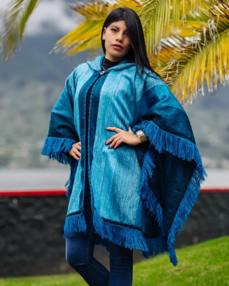 Teal Alpaca Poncho - Hooded Alpaca Poncho with a Traditional Design from Ecuador - Boho Hippie Wool Poncho - Unisex Soft and Warm Poncho
