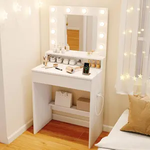 Costway Vanity Desk with Mirror and Lights, White Makeup Vanity Table with Charging Station, Drawer & Shelves, 3-Color Dimmable Lighting, Compact Dressing Table for Small Bedroom Narrow Space