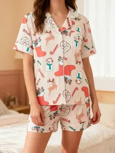Christmas Print Women's Pajama Set, Festive Short Sleeve Button Home Wear, Snowman Pattern, Soft Comfortable Fabric, Spring Summer