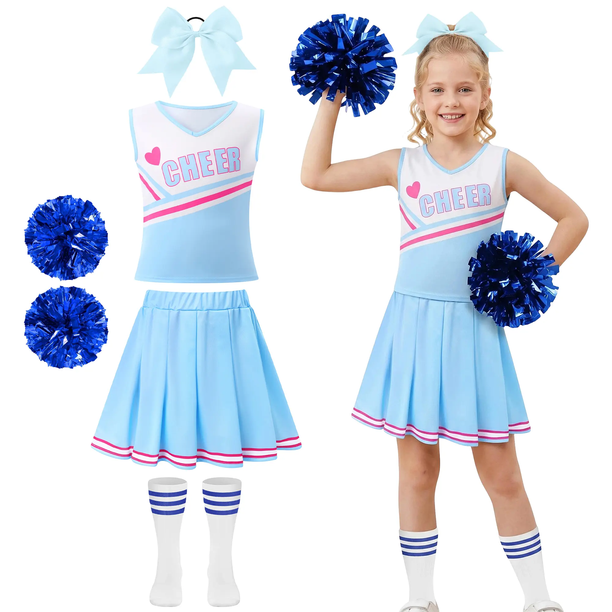 Halloween Girls Cheerleader Cosplay Costume Full Set, Kids Cheer Uniform Dress with Pom Pom Bow Socks for School Game Stage Show Birthday Dress Up