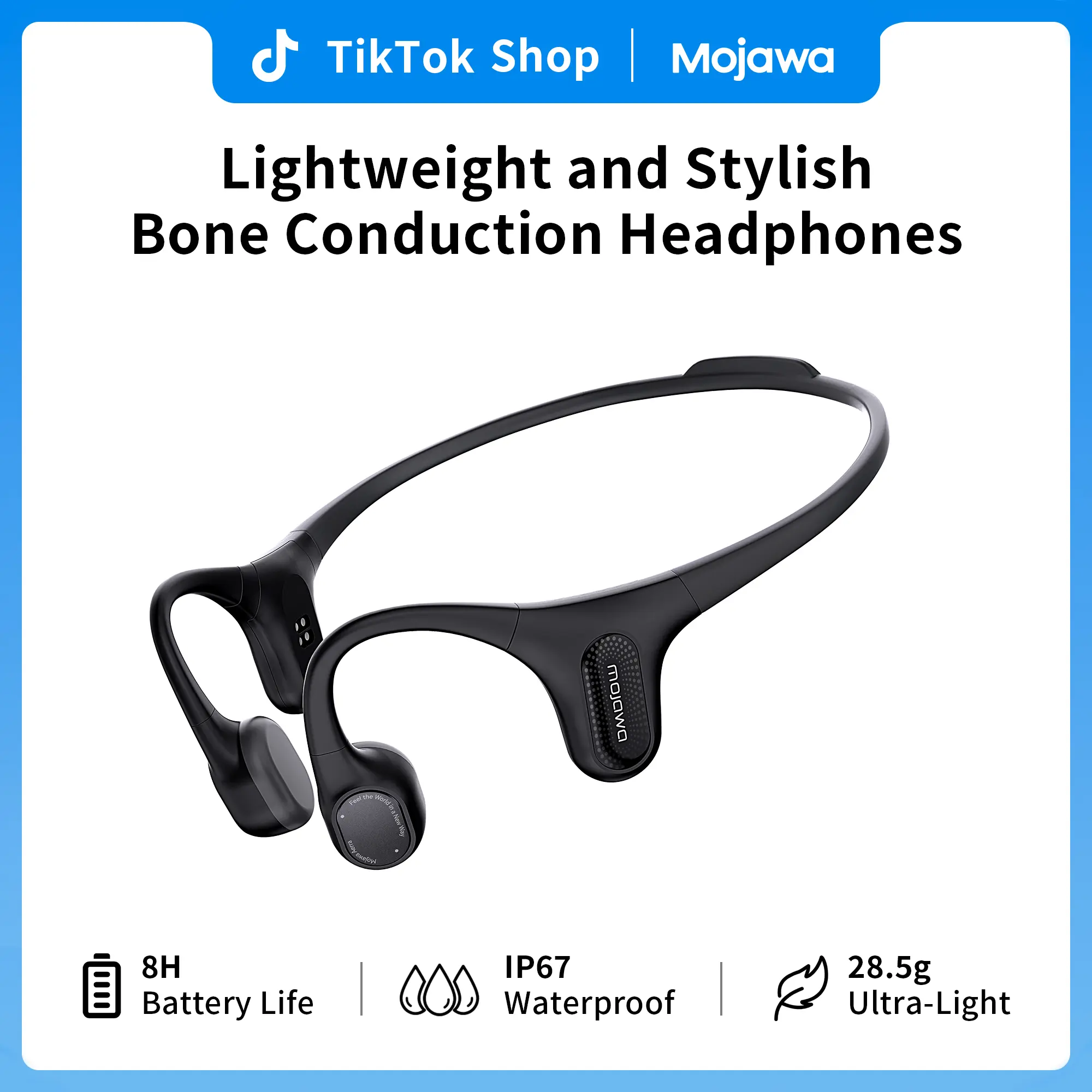 MOJAWA Aerra Bone Conduction Headphones, Open-Ear Bluetooth Sports Headphones with IP67 Water Resistance, 8-Hour Battery Life, Clear Calls & Stereo Music for Running, Cycling and Outdoor Sports