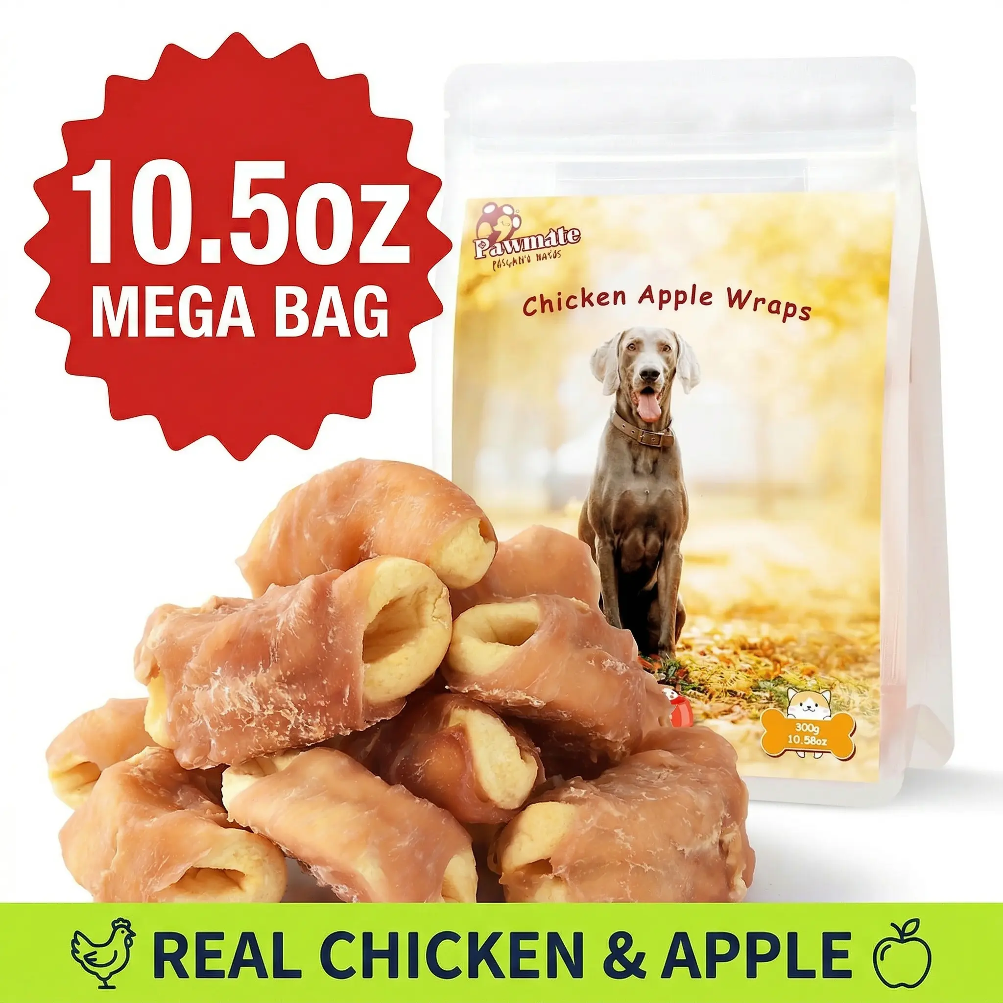 Pawmate 10.5oz Chicken Wrapped Apple Bites Dog Treats - Natural & Low Fat Chews