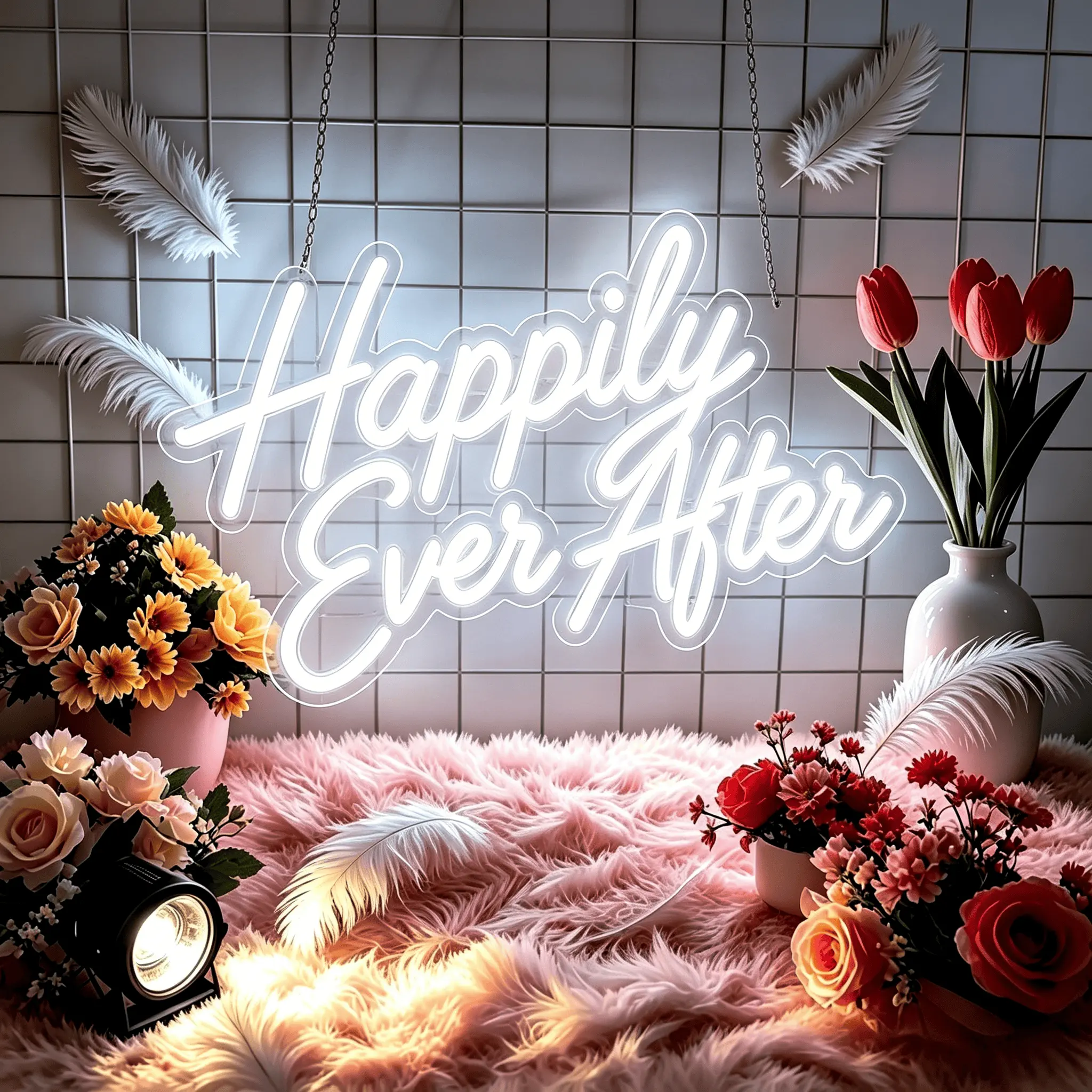 Happily Ever After Neon Signs, Perfect for Valentine's Day, Mother's Day, wedding season decoration.,Wedding/Birthday/Anniversary Background Wall Decoration - Romantic Arrangement of Wedding Room Night Lights,, Wedding clock in atmosphere decoration