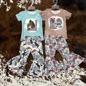 Kids Clothing Toddler Baby Girls Western Horse Short Sleeve Top Turquoise Bell Bottom Pants Boutique Outfit Cowgirls Outdoor Wear