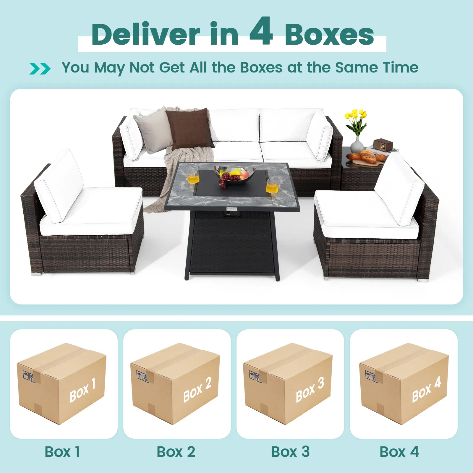 COSTWAY - 7 Pieces Patio Furniture Set with 35 Inches 50000 BTU Propane Gas Fire Pit Table and Waterproof Cover for Firpit-Beige