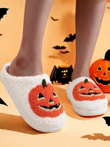 women's cartoon pumpkin pattern white slippers, casual soft comfortable home slippers, warm slippers for indoor & outdoor useas birthday gifts halloween, girl, footwear