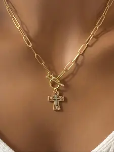 Women's Gold/silver Color Cross Pendant Necklace, Hammered Mixed Material, Chunky Style, Toggle Clasp & Paperclip Chain, Dainty Charm Jewelry